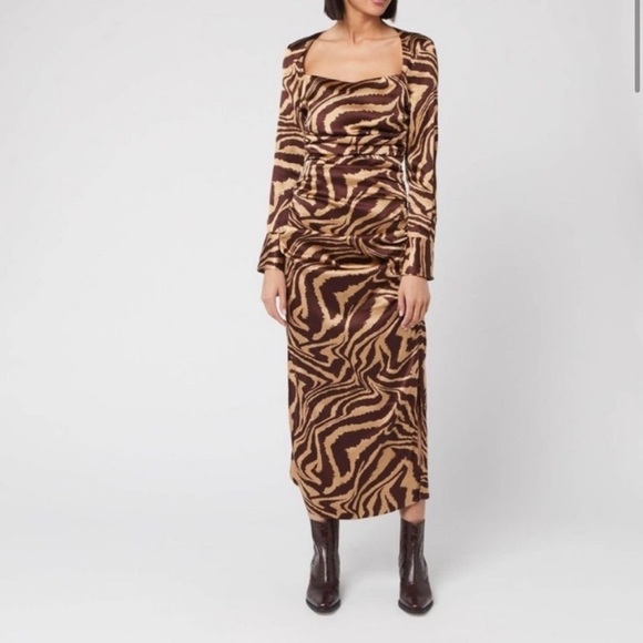 Ganni Ruche Silk Zebra Print Dress - Picture 1 of 11